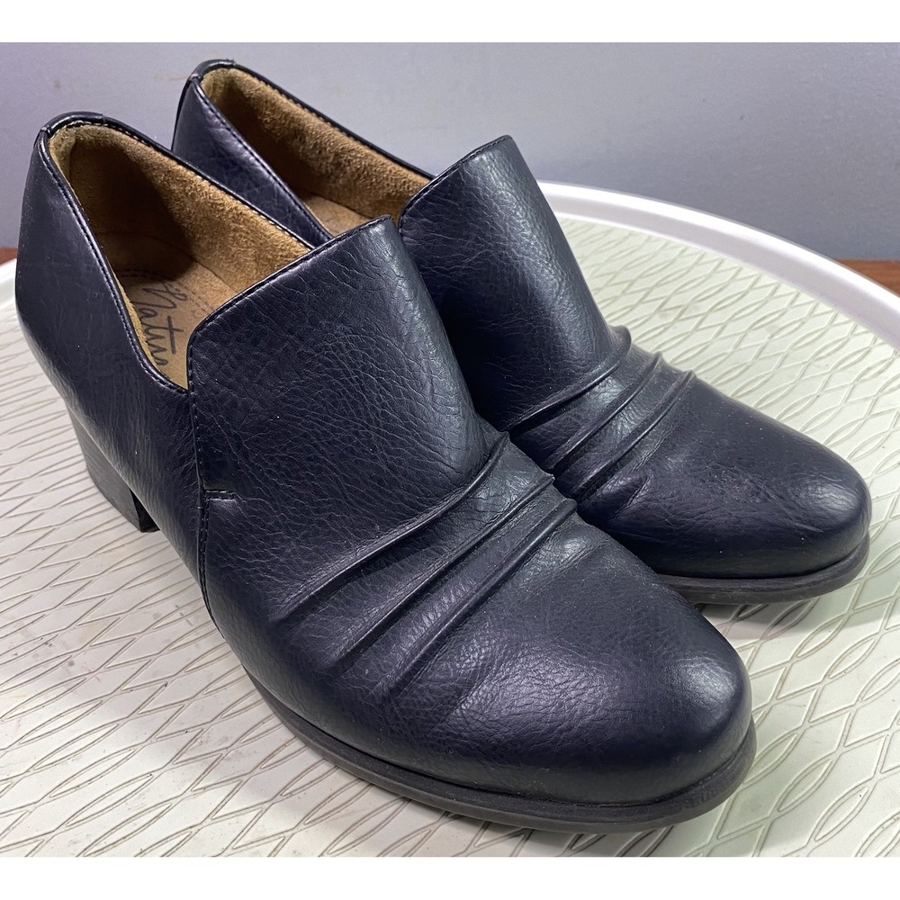 Natural Soul Womens Leather Heeled Clogs Black Mules Comfort Shoes Sz.8 M